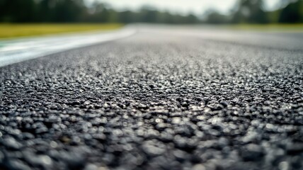 A close-up shot of an empty F1 track surface showcasing the intricate texture of asphalt, designed for high-speed racing, perfect for sports and road imagery.