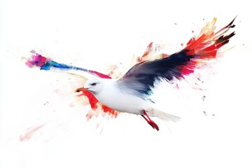 Seagull flies with artistic paint strokes on a white background