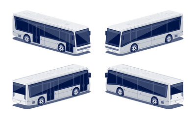 Modern passenger bus. Urban city transport vehicle for public personal transportation. General front side rear view with doors glass windows. Flat isolated vector illustration on white background.