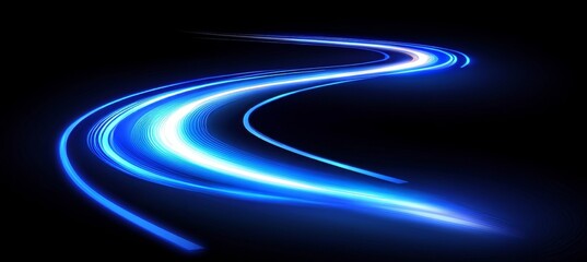 Abstract blue light trails on dark backgound. Curve glowing light painting effect vector.