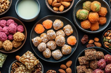Fototapeta premium Colorful assortment of traditional Indian sweets and snacks on a dark surface, showcasing a variety of textures and flavors for festive celebrations
