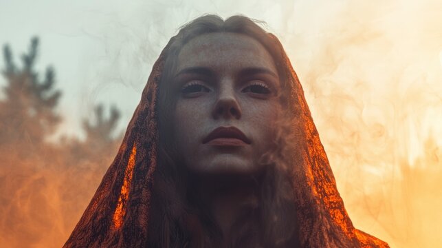 Mysterious Woman in Orange Mist  AI Art  Fantasy Portrait  Enigmatic Gaze  Hooded Figure - Powered by Adobe