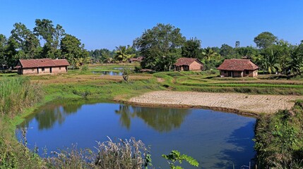 Rural village landscape, ponds, and rice paddies under a clear sky