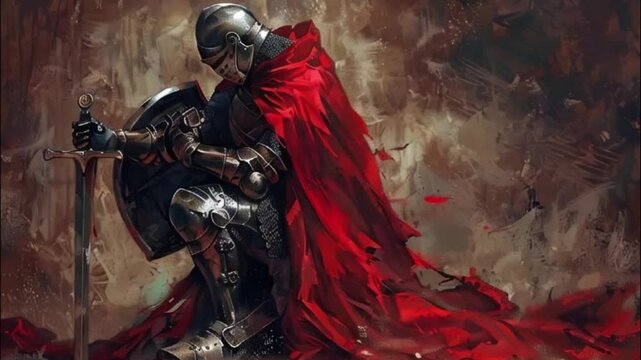 Fantastic beautiful royal knight in iron armor guards castle chambers, abstract vivid composition consists of fictional unreal fantastic vision on background