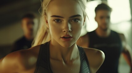 Fit girl’s close-up portrait during a workout in the gym
