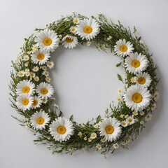 Fototapeta premium A scattered composition of wildflowers in various colors on a white backdrop.