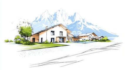 Alpine Village House Sketch  Mountain Home  Lake  Nature
