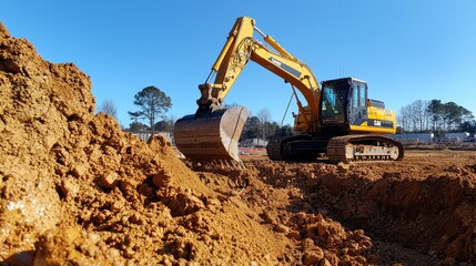 Obraz premium Heavy Excavator Operating on Construction Site with Clear Blue Sky