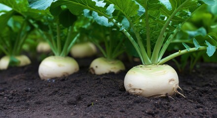 Fresh white turnips growing in rich soil, showcasing vibrant green leaves