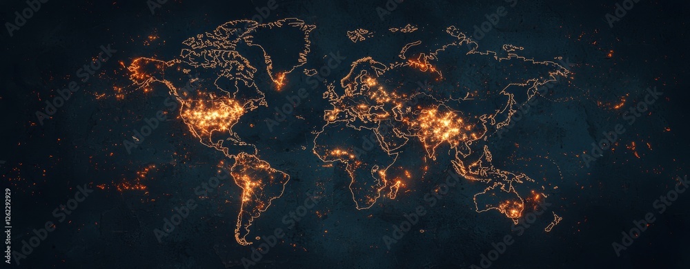 Poster a glowing network of interconnected lines on a digital world map represents global communication and