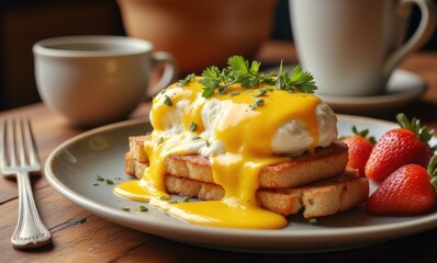 Delicious eggs benedict with fresh strawberries