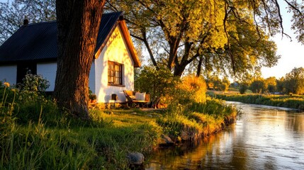 Charming Cottage Riverbank Sunset  Idyllic Rural Scene