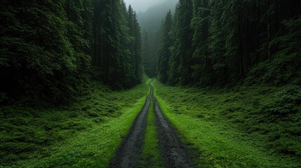 Obraz premium Forest road winding through lush greenery, misty mountain background