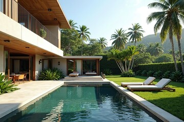 Fototapeta premium Minimalist tropical villa with pool and garden, embodying serene simplicity and harmony.