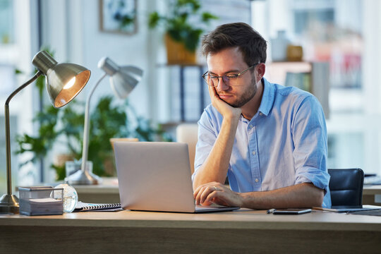 Fatigue, business and man with laptop, burnout and overworked with deadline, bored and sleepy. Person, consultant and employee with pc, exhausted and waiting for email notification and tired
