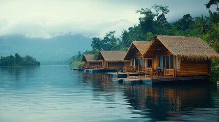 Fototapeta premium Tranquil wooden cabins on a serene lake surrounded by lush greenery