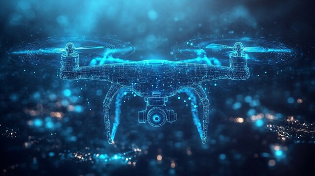 Glowing blue digital hologram of an AI drone in flight, emphasizing autonomous navigation, surveillance systems, and cutting-edge sensing technologies.