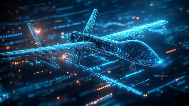 Glowing blue digital hologram of an AI drone in flight, emphasizing autonomous navigation, surveillance systems, and cutting-edge sensing technologies.