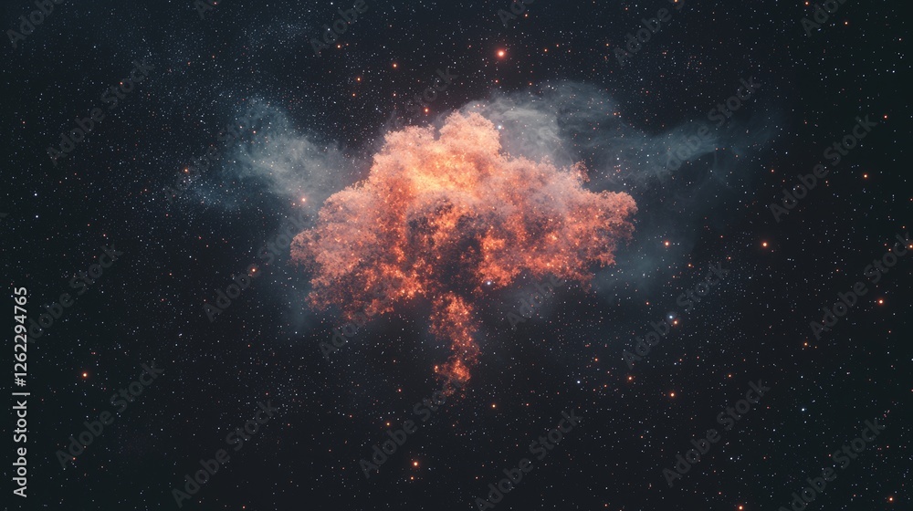 Sticker in space, a molecule is shown as an abstract entity consisting of glowing atoms that are connected b