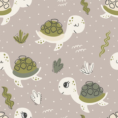 Seamless pattern with sea turtles. Seamless for wrapping paper, greeting cards and other. Can be used for wallpaper, textile, packaging. © nafanya241