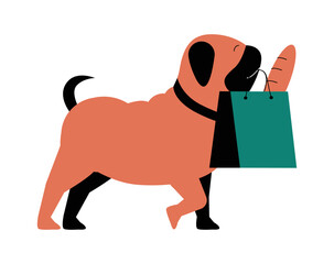 Pug Carrying Shopping Bag In Flat Vector Illustration Symbolizing Pet, Grocery Shopping, Assistance, And Cute Animal Behavior, Isolated On White Background