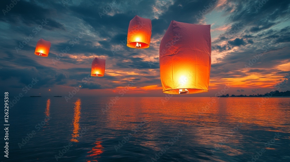 Wall mural Lanterns illuminate the tranquil beach at sunset with colorful skies and gentle waves