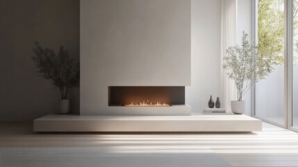 Modern minimalist living room with fireplace and natural light in a contemporary home