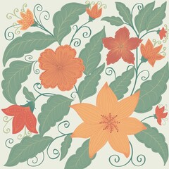 Vibrant floral pattern with orange and red blossoms, and green leaves on a ivory background, with hand-drawn style painting.