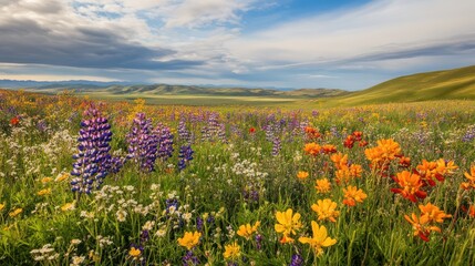 Fototapeta premium Wildflower meadow, vibrant blooms, mountain view, summer
