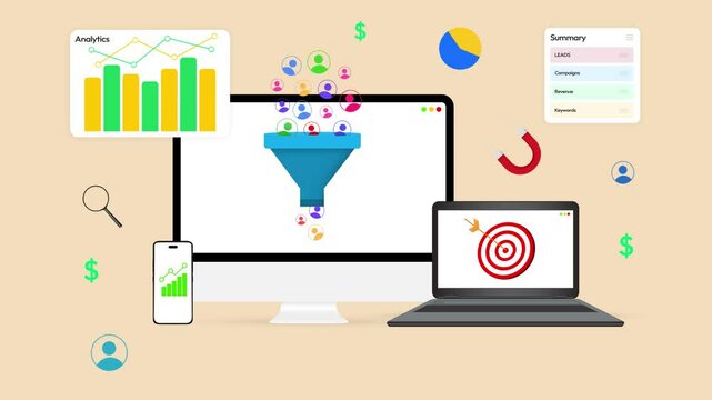 Leads Generation in business with colorful analytics, dartboard and goals. 4K Animation of leads, sales, roi, magnet, graph.
