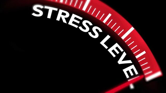Maximum and high-stress level showing on the red alarming speedometer, 4k animation with needle going full. Mental health, stress management concept
