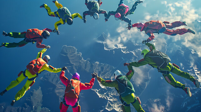 Neon heart in the sky! Skydivers in vibrant jumpsuits form a heart, symbolizing connection and exhilaration. Breathtaking teamwork.