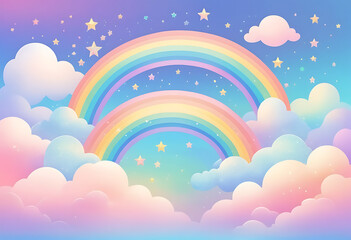 Holographic fantasy rainbow unicorn background with clouds. Pastel color sky. Magical landscape, abstract fabulous pattern. Cute candy wallpaper