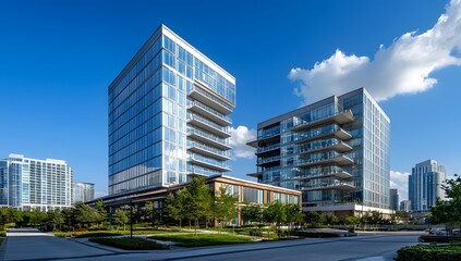 Modern office buildings in a city park landscape