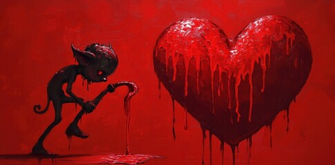 An imp tending to a heart flowing with red liquid