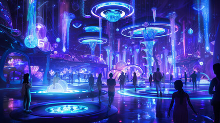 Gravity-free fun! Futuristic amusement park with glowing attractions. Visitors float freely. Dreamlike & exhilarating.