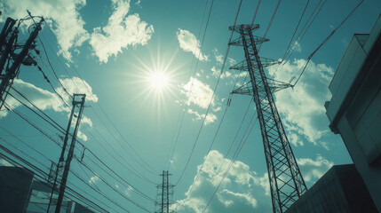 Bright Sunny Day with Power Lines and City Buildings in the Background