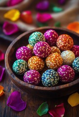 Fototapeta premium Colorful Decorative Spheres with Vibrant Patterns Surrounded by Rose Petals in a Wooden Bowl on a Rustic Table Setting