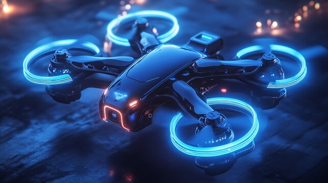 Smart blue holographic drone with camera, visualizing AI-driven disaster response coordination and advanced aerial monitoring capabilities.