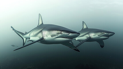 Two sharks swimming gracefully underwater in a serene ocean environment during daylight hours. Generative AI