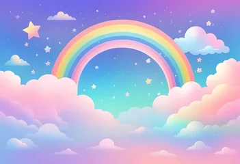 Wanddecoratie Regenboog Holographic fantasy rainbow unicorn background with clouds. Pastel color sky. Magical landscape, abstract fabulous pattern. Cute candy wallpaper  © Choyan