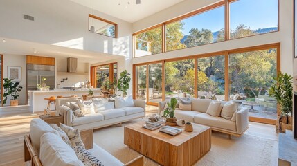 Fototapeta premium Sun-Drenched Modern Living Room with Stunning Nature Views