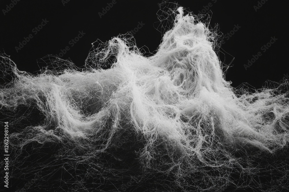 Poster the abstract image of flowing waves is generated by utilizing a white mesh material on a black backd
