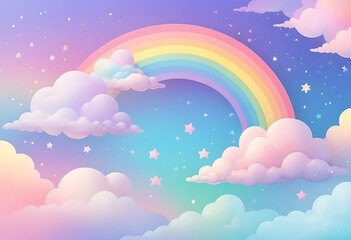 Holographic fantasy rainbow unicorn background with clouds. Pastel color sky. Magical landscape, abstract fabulous pattern. Cute candy wallpaper