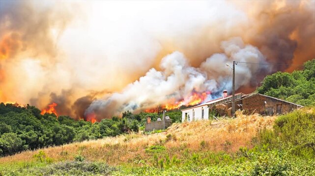 Huge forest fire threatens home in Portugal