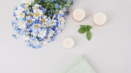A bouquet of flowers sits on a table next to candles and a green towel