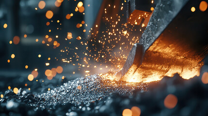 Artistic rendering of steel forging process with sparks and molten metal. dynamic scene captures intensity and craftsmanship involved metalworking