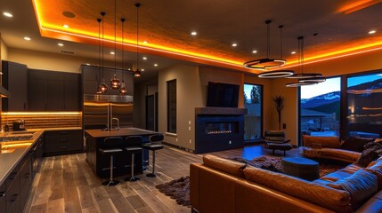 Fototapeta premium Luxury Mountain Home Interior Design: Open-Concept Kitchen and Living Room with Stunning View