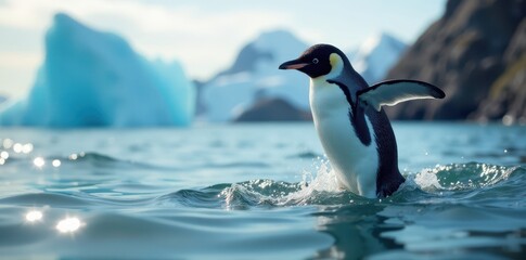 Obraz premium Tiny Ad?lie penguin launches into sea, feathers airborne , black and white, splash