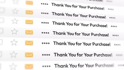 Thank you for your purchase emails scrolling on the screen, 4k animation. E-commerce and online shopping message concept design.